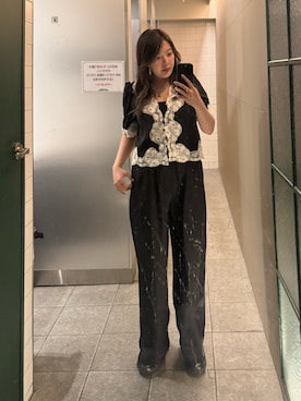 「ノーブランド品のアイテム（シャツ/ブラウス、ブラック系）」を使った、もかさん（レディース・159cm）の夏コーディネート