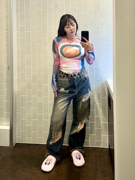 「MGV（エムジーヴィー）のストリートダメージルーズデニム（デニムパンツ、ブルー系）」を使った、もかさん（レディース・159cm）の夏コーディネート