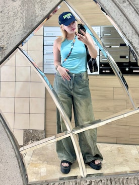 「ワイドパンツ」｜「アイテム（ブルー系）」を使った、もかさん（レディース・159cm）の夏コーディネート