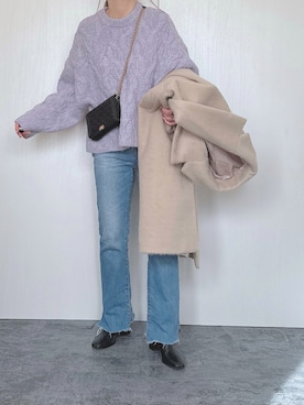 「ケーブルニット」｜「アイテム（チェスターコート）」を使った、Chisato  さん（レディース・158cm）の冬コーディネート