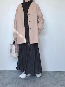 「大人ガーリー」｜「アイテム（ノーカラーコート）」を使った、Chisato  さん（レディース・158cm）の冬コーディネート
