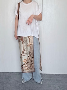 「Aunely（オーネリー）の【Aunely】ひんやり 360°きれい見え フレンチスリーブ ミニマル Tシャツ ＜YOSOOIシリーズ＞（Tシャツ/カットソー、ホワイト系）」を使った、Chisato  さん（レディース・158cm）の春コーディネート