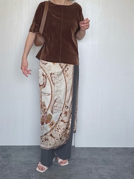 「CIAOPANIC TYPY（チャオパニックティピー）のシアーフロッキービンテージ加工半袖トップス（Tシャツ/カットソー、ブラウン系）」を使った、Chisato  さん（レディース・158cm）の夏コーディネート