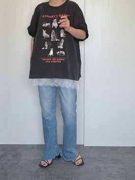 「CIAOPANIC TYPY（チャオパニックティピー）の【SG】パウダー加工プリント&刺繍TEE（Tシャツ/カットソー、グレー系）」を使った、Chisato  さん（レディース・158cm）の春コーディネート