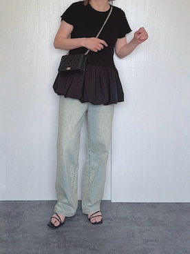 「CIAOPANIC TYPY（チャオパニックティピー）の裾バルーンランダムリブ半袖トップス（Tシャツ/カットソー、ブラック系）」を使った、Chisato  さん（レディース・158cm）の夏コーディネート