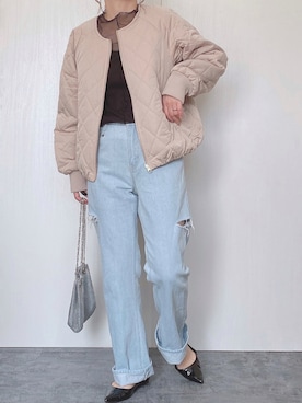 「秋冬」｜「アイテム（ノーカラージャケット）」を使った、Chisato  さん（レディース・158cm）の秋コーディネート