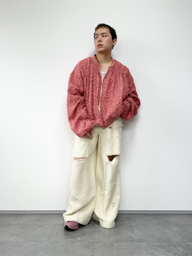 「seyto（セイト）のSee through lace gather blouson / シースルーレースギャザーブルゾン（ブルゾン、ピンク系）」を使った、SuZuAさん（メンズ・160cm）の秋コーディネート
