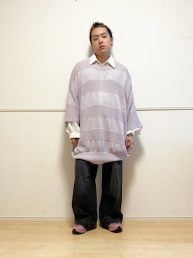 「soerte（ソエルテ）のWide Buggy Vintage Like Denim Pants / ワイドバギーヴィンテージライクデニムパンツ（デニムパンツ、ブラック系）」を使った、SuZuAさん（メンズ・160cm）の秋コーディネート