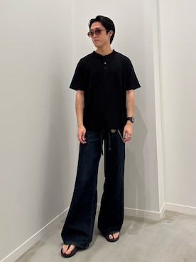 「GLOSTER（グロスター）の【抗菌防臭】ポンチ素材 ヘンリーネックTシャツ（Tシャツ/カットソー、ブラック系）」を使った、クロリュウさん（メンズ・171cm）の夏コーディネート