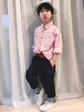 「アイテム（ハット、ホワイト系）」を使った、タロイモさん（キッズ・120cm）の春コーディネート