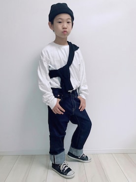 「Right-on（ライトオン）のアイテム（帽子）」を使った、タロイモさん（キッズ・123cm）の秋コーディネート