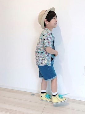 「アイテム（ハット、ホワイト系）」を使った、タロイモさん（キッズ・110cm）の春コーディネート