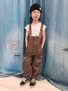 「UNIVERSAL OVERALL（ユニバーサルオーバーオール）のアイテム（オールインワン・サロペット）」を使った、タロイモさん（キッズ・120cm）の夏コーディネート