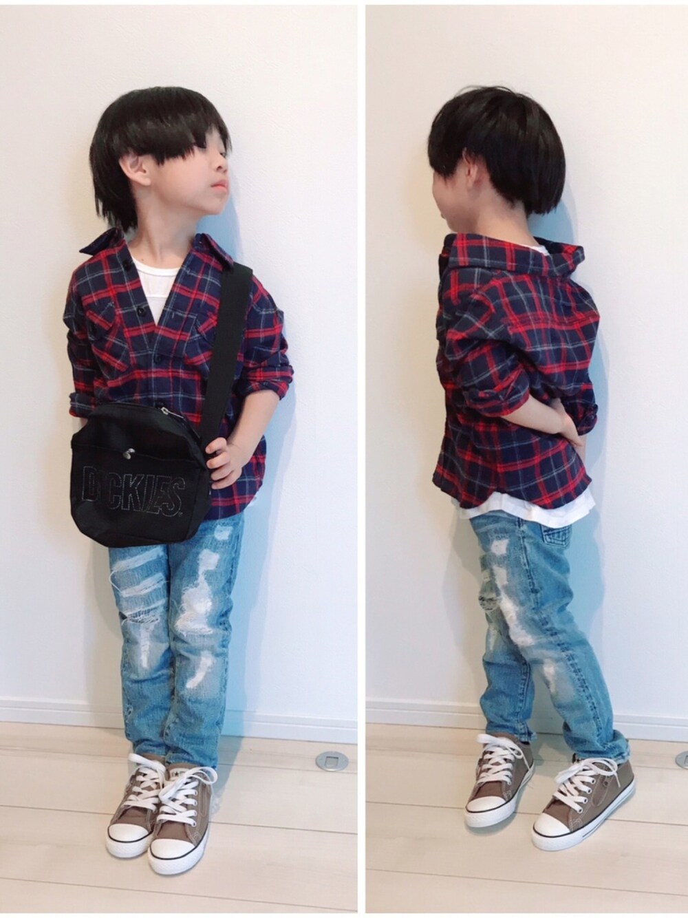 ブラウン系のスニーカー、ブラック系のショルダーバッグを着用したキッズの春コーディネートの1枚目の写真