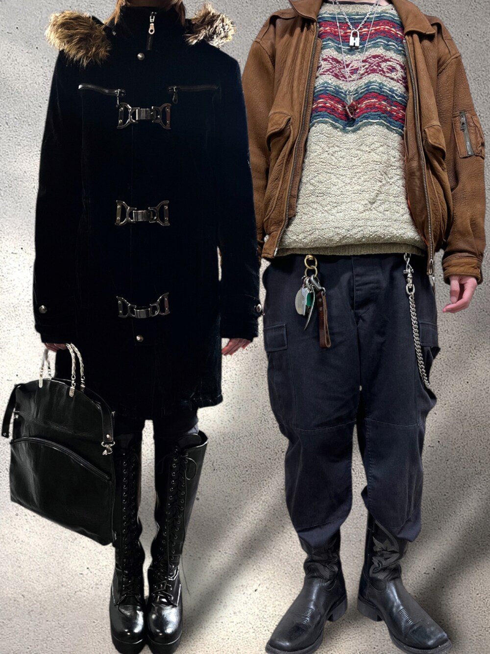 ブラック系のジャケット/アウター、ブラック系のバッグ、ベージュ系のニット/セーターを着用したメンズの冬コーディネートの1枚目の写真