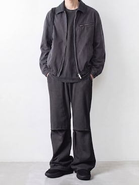 「VEIN （ヴェイン）のサルファーダイド チノクロス ワークJKT / SULFUR DYED CHINO CLOTH WORK JKT（ミリタリージャケット、ブラック系）」を使った、AT_MMさん（メンズ・173cm）の春コーディネート