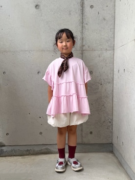 「CIAOPANIC TYPY（チャオパニックティピー）の【KIDS】ピグメントティアードフリル半袖TEE（Tシャツ/カットソー、ピンク系）」を使った、ioooさん（キッズ・120cm）の夏コーディネート