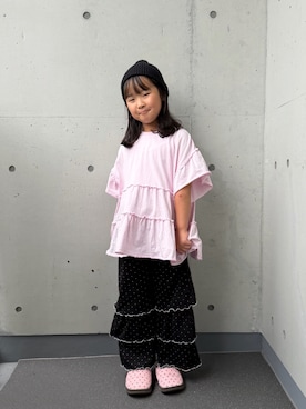 「CIAOPANIC TYPY（チャオパニックティピー）の【KIDS】ピグメントティアードフリル半袖TEE（Tシャツ/カットソー、ピンク系）」を使った、ioooさん（キッズ・120cm）の秋コーディネート