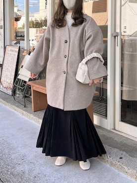 「ほめられ本命コーデ」｜「アイテム（ノーカラーコート）」を使った、tomokaさん（レディース・157cm）の冬コーディネート