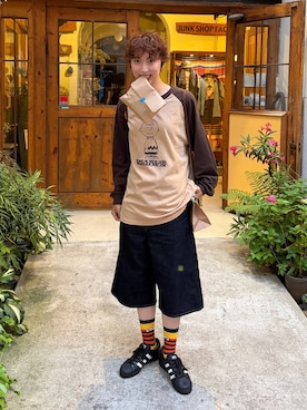 「LOWRYS FARM（ローリーズファーム）の【LFM(U)】SNOOPYラグランＴロングスリーブ　 656663（Tシャツ/カットソー、ブラウン系）」を使った、よここさん（レディース・168cm）の夏コーディネート
