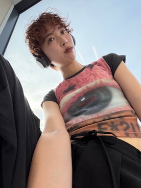 「JEANASIS（ジーナシス）のミリタリータックボリュームパンツ/657336（その他パンツ、ブラック系）」を使った、よここさん（レディース・168cm）の夏コーディネート