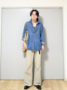 「GU（ジーユー）のアイテム（シャツ/ブラウス、ブルー系）」を使った、 yujiさん（メンズ・176cm）の春コーディネート