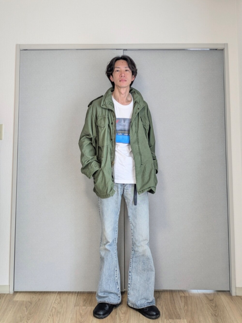 「古着MIX、メンズファッション、今日のコーデ、いいね、save、フォローお願いします🤑、春、シンプル、ミリタリー、M65、デニム、春色、春コーデ」｜「古着のアイテム（その他アウター、グリーン系）」を使った、 yujiさん（メンズ・176cm）の春コーディネートの1枚目の写真