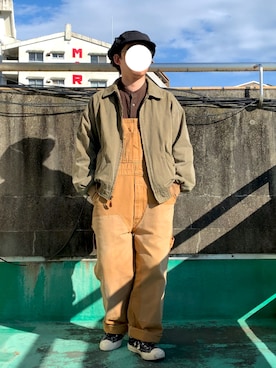 「アメカジ」｜「アイテム（オールインワン・サロペット、ベージュ系）」を使った、Fukukichi_🦉さん（メンズ・163cm）の冬コーディネート