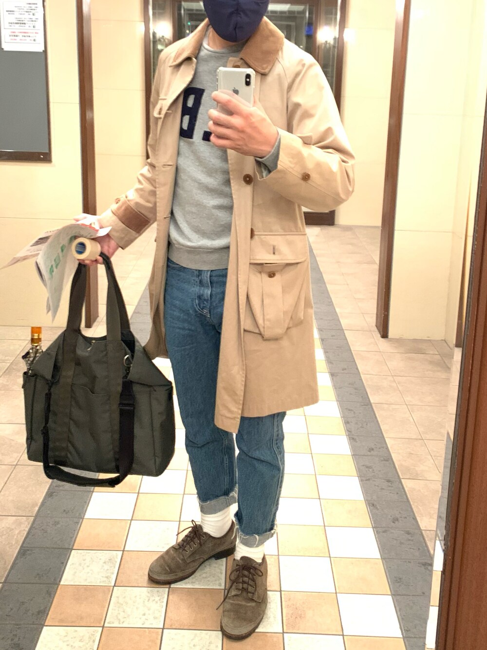 「おしゃれさんと繋がりたい、スウェット、起源、オリンピック、バランス、キレイメカジュアル、混合ダブルス、Good、ストリート、お仕事なんです、スプリングコート」｜「MOJITOのアイテム（ステンカラーコート、ベージュ系）」を使った、W.TJTさん（メンズ・172cm）の冬コーディネートの1枚目の写真