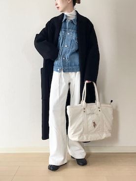 「TODAYFUL（トゥデイフル）のアイテム（ノーカラーコート）」を使った、𝐀𝐍𝐘さん（レディース・156cm）の冬コーディネート
