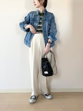 「巾着バッグ」｜「アイテム（デニムジャケット）」を使った、𝐀𝐍𝐘さん（レディース・156cm）の秋コーディネート