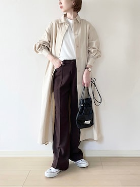 「巾着バッグ」｜「アイテム（シャツワンピース）」を使った、𝐀𝐍𝐘さん（レディース・156cm）の秋コーディネート