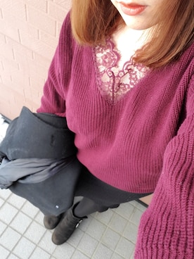 「H&M（エイチ・アンド・エム）のアイテム（トップス、レッド系）」を使った、kyanさん（レディース・159cm）の冬コーディネート