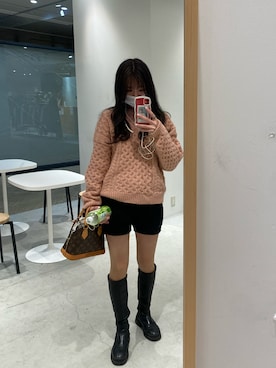 「GRL（グレイル）のケーブル編みニットショートパンツ（その他パンツ）」を使った、moeさん（レディース・160cm）の冬コーディネート