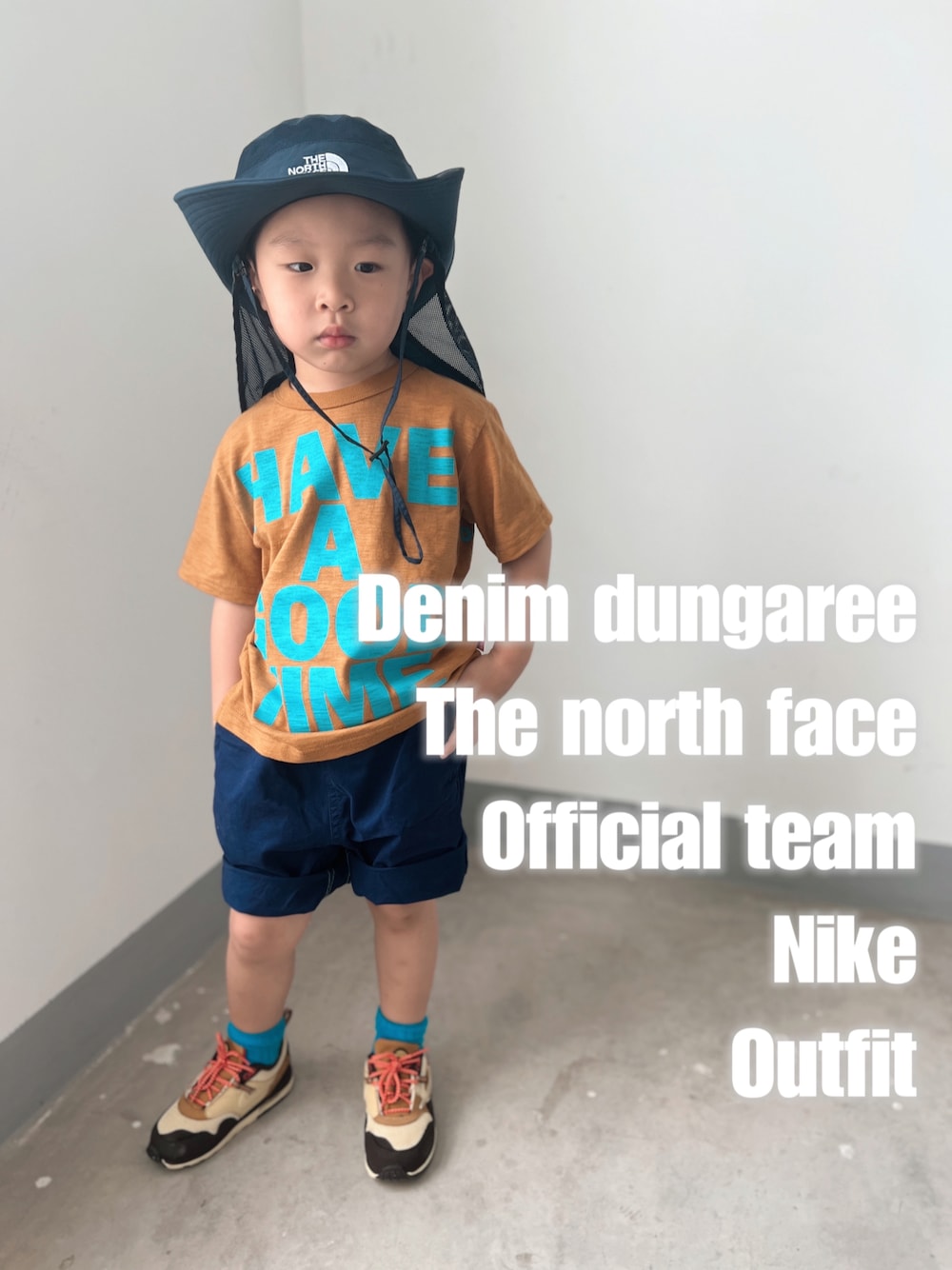 「ootd、夏、街头搭配、球鞋、复古穿搭」｜「THE NORTH FACEのアイテム（サンバイザー、ブルー系）」を使った、sunstar0109さん（キッズ・100cm）の夏コーディネートの1枚目の写真