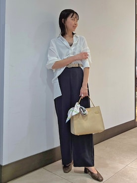 「NOLLEY’S Sophi（ノーリーズソフィ）のNEW morisachi《セットアップ対応》ウォッシャブルストレッチツイルイージーワイドパンツ（その他パンツ、ブルー系）」を使った、nol hayashiさん（レディース・158cm）の春コーディネート