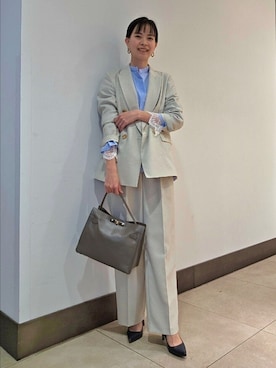 「NOLLEY’S Sophi（ノーリーズソフィ）の《セットアップ対応》ウォッシャブルスラブオックスダブルジャケット（テーラードジャケット、ベージュ系）」を使った、nol hayashiさん（レディース・158cm）の春コーディネート