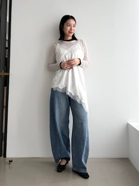 「ORiental TRaffic（オリエンタルトラフィック）のリボン ベルト ラインストーン シアー ミュール /51124（パンプス、ブラック系）」を使った、ほしまりさん（レディース・158cm）の春コーディネート