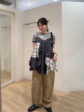 「KBF(ケイビーエフ)のヘムタックパッチワークミニキャミワンピース(ワンピース、ブルー系)」を使った、Yuiさん(レディース・160cm)の夏コーディネート