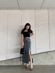 GYDA★H/W ZIPスリット ケミカルデニムスカート★ロングスカート★黒 H/W ZIPスリット ケミカルデニムスカート｜ジェイダ（GYDA