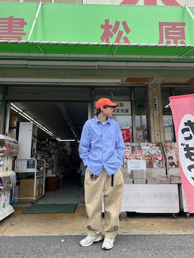 「FREAK'S STORE（フリークスストア）のWEB限定 Relax Fit リラックスフィット レギュラーカラーシャツ/クレリック/ストライプ（シャツ/ブラウス、ブルー系）」を使った、ikenistaさん（メンズ・168cm）の春コーディネート