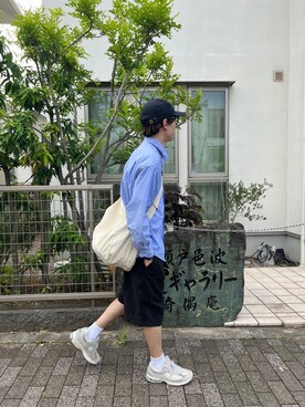 「FREAK'S STORE（フリークスストア）のWEB限定 Relax Fit リラックスフィット レギュラーカラーシャツ/クレリック/ストライプ（シャツ/ブラウス、ブルー系）」を使った、ikenistaさん（メンズ・168cm）の春コーディネート