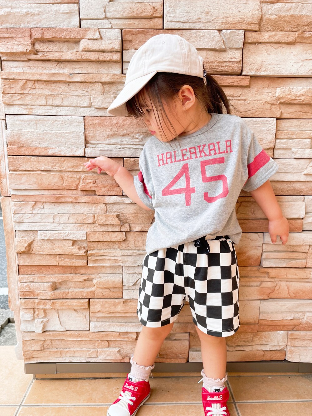 「ストリート、休日コーデ、カジュアル、キッズコーデ」｜「POLOBABYのアイテム（帽子、ベージュ系）」を使った、AMUさん（レディース・90cm）の夏コーディネートの1枚目の写真