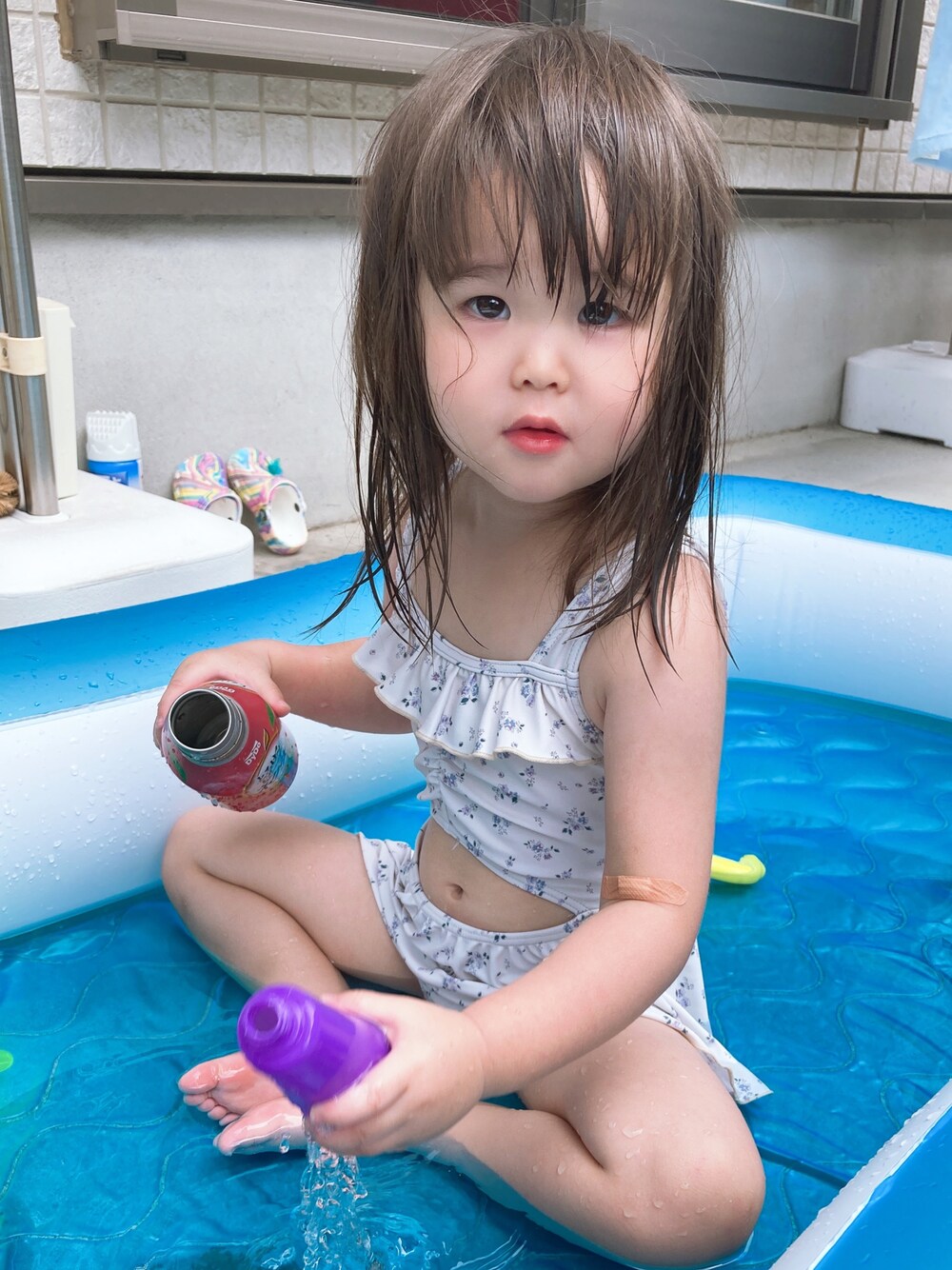 「バースデー、プール、おうち時間、おんなのこ、夏コーデ、日常」｜「Cottoliのアイテム（水着/着物・浴衣、ホワイト系）」を使った、AMUさん（レディース・90cm）の夏コーディネートの1枚目の写真