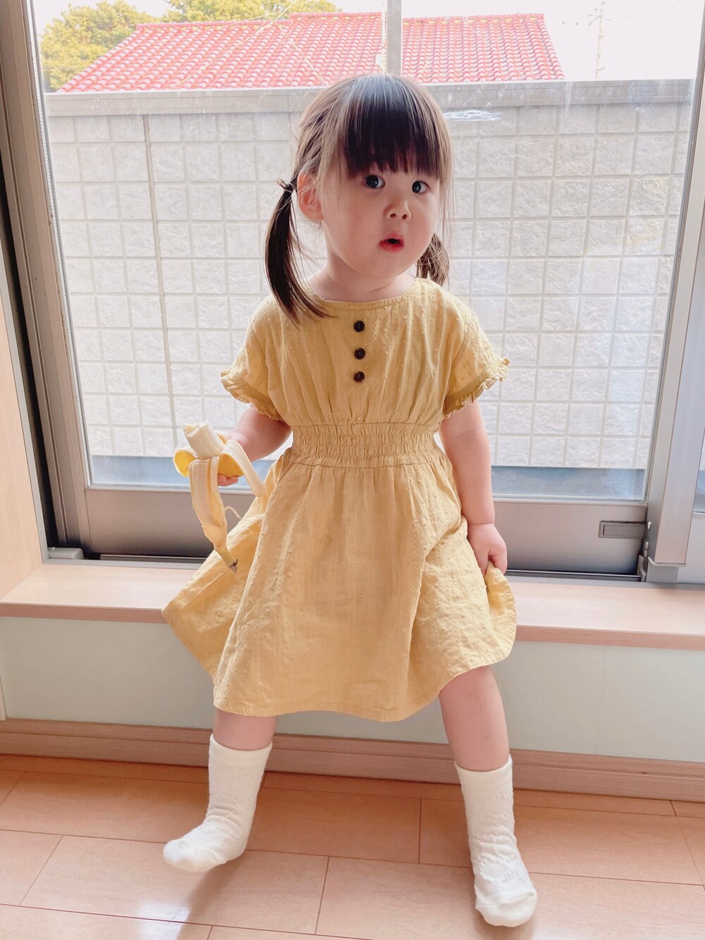 「ミッフィー、ワンピース、みつあみ、おしゃれさんと繋がりたい、キッズコーデ、夏コーデ」｜「西松屋のアイテム（レッグウェア、ホワイト系）」を使った、AMUさん（レディース・90cm）の夏コーディネートの1枚目の写真