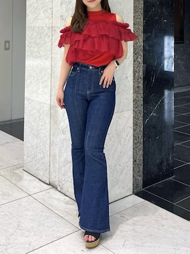 「dazzlin（ダズリン）の2WAYスリーブコンパクトトップス（Tシャツ/カットソー、レッド系）」を使った、shionさん（レディース・152cm）の夏コーディネート
