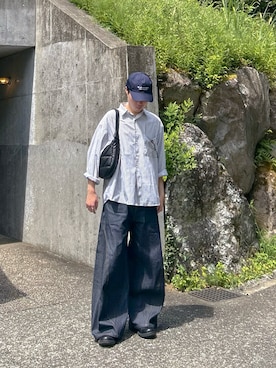 「SINSS（シンス）のLoose fit stripe shirt / ルーズフィットストライプシャツ（シャツ/ブラウス）」を使った、Ryotaさん（メンズ・180cm）の夏コーディネート