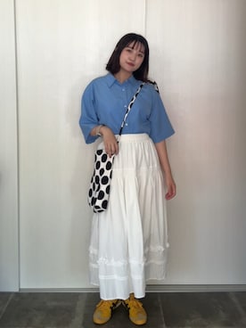 「CIYOT（シヨウト）の【CIYOT】ハイコンフォート ブロード 半袖シャツ <形態安定・吸水速乾>（シャツ/ブラウス、ブルー系）」を使った、あ い のさん（レディース・160cm）の夏コーディネート