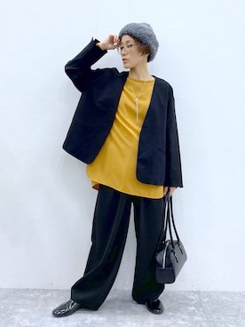 「ピアス」｜「アイテム（ニットキャップ/ビーニー）」を使った、えまこさん（レディース・159cm）の冬コーディネート