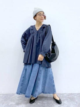 「ウエストゴム」｜「アイテム（ニットキャップ/ビーニー）」を使った、えまこさん（レディース・159cm）の冬コーディネート